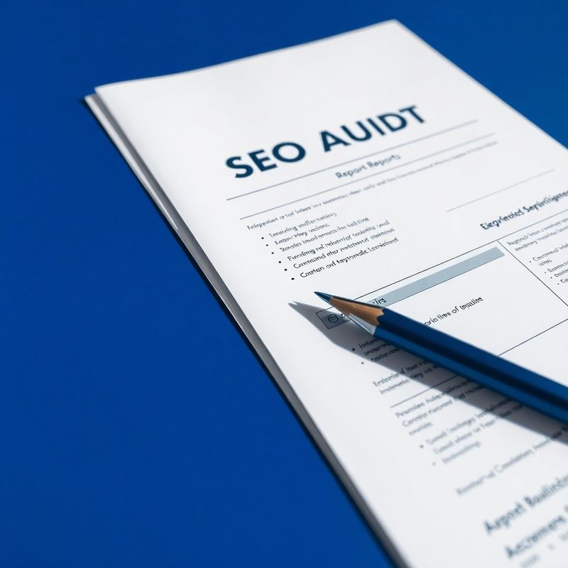 Relatório de auditoria de SEO impresso sobre mesa indigo com lápis mecânico marcando descobertas