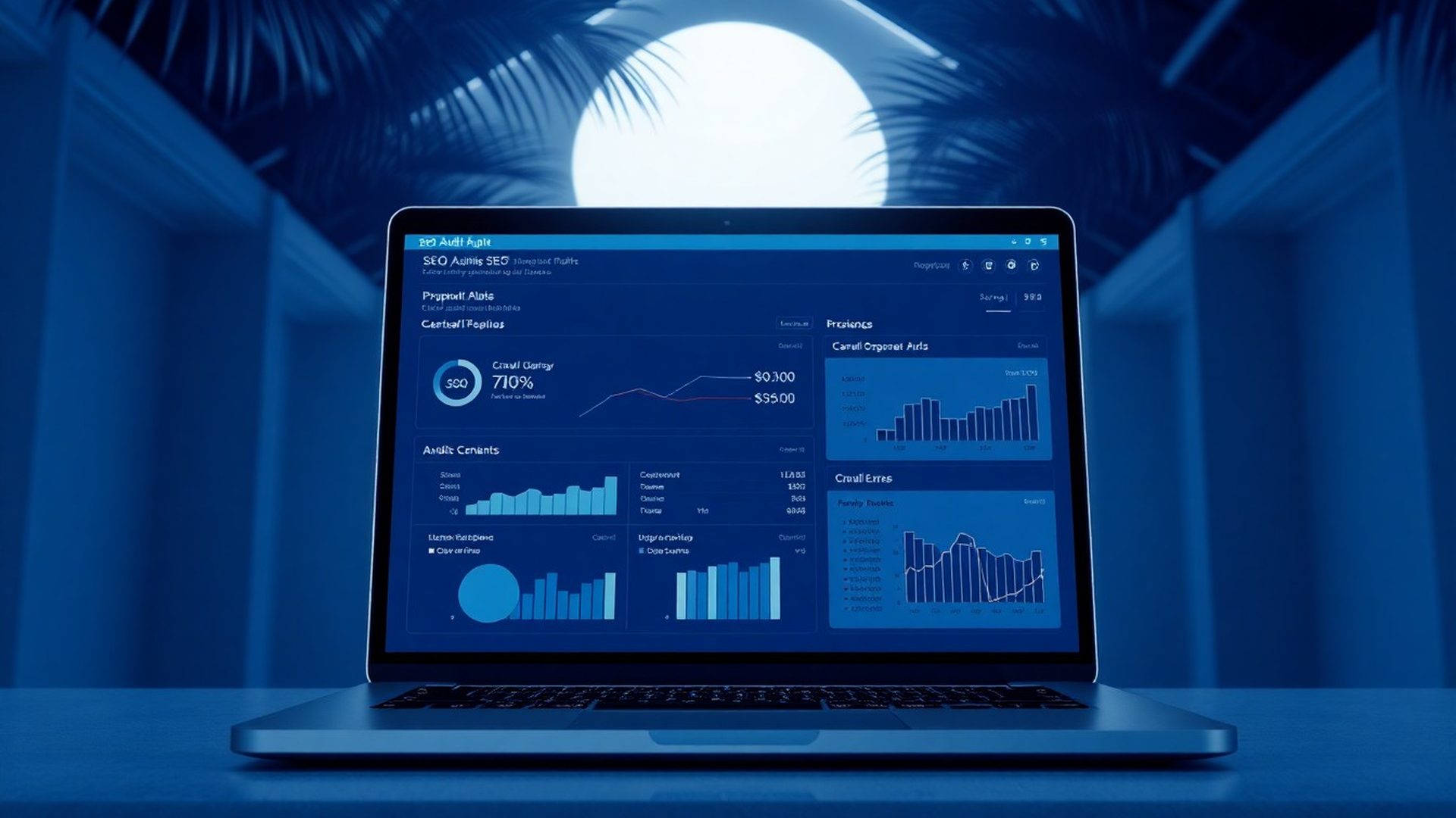 Painel de auditoria de SEO em tons indigo exibindo gráficos e erros de rastreamento