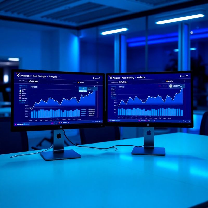Dois monitores exibindo dashboards de analytics com gráficos de ranqueamento de palavras-chave